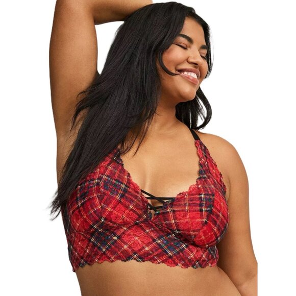 Torrid Front Lace Holiday Red Plaid Lightly Lined Bralette Bra - Size 1 14/16 1X - Picture 1 of 8
